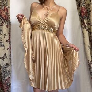 TABOO gorgeous shimmering gold tie back pleated dress with rhinestone beading